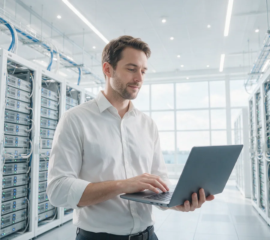 A security engineer with a laptop in a bright data center
