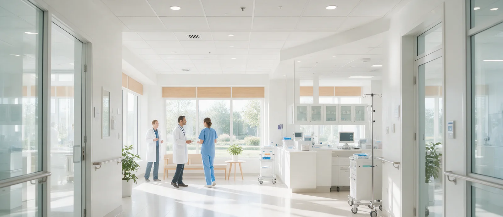 Clinicians in a bright US hospital corridor