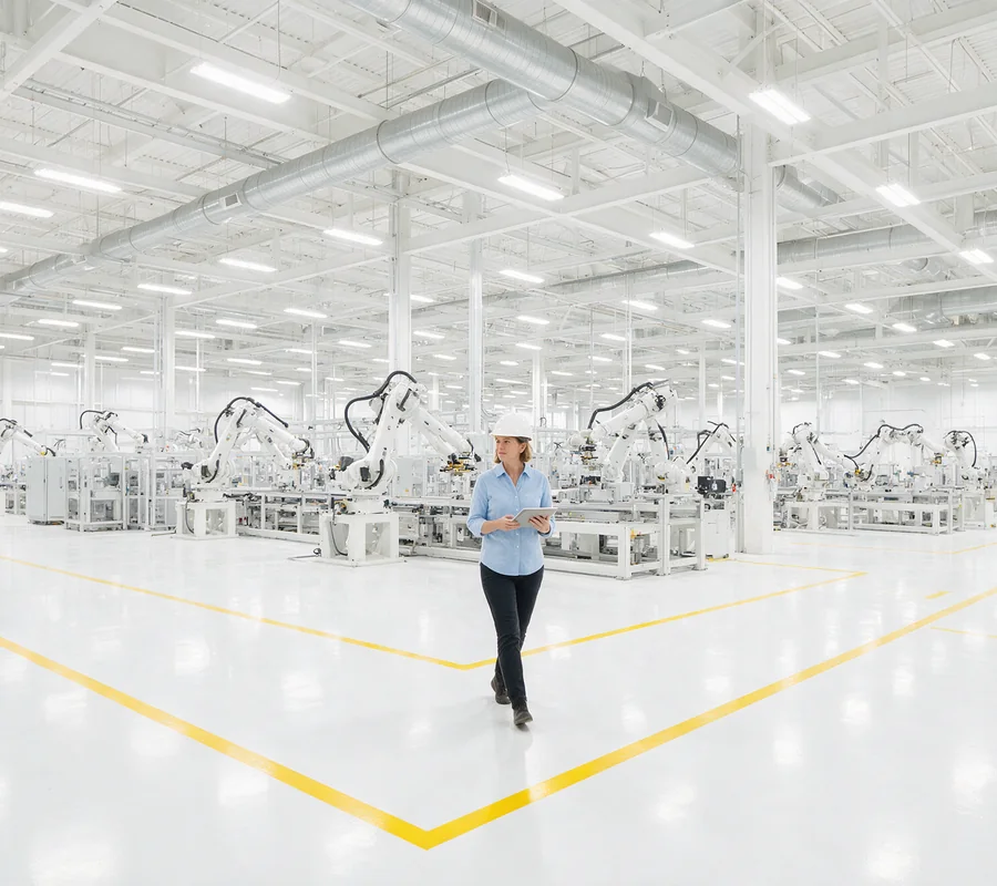 A plant director walking a bright automated manufacturing floor