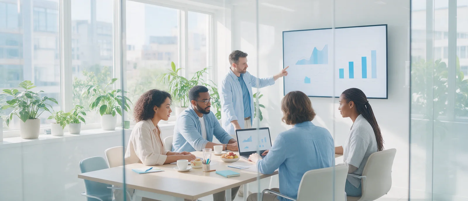A healthtech product team reviewing charts in a glass meeting room